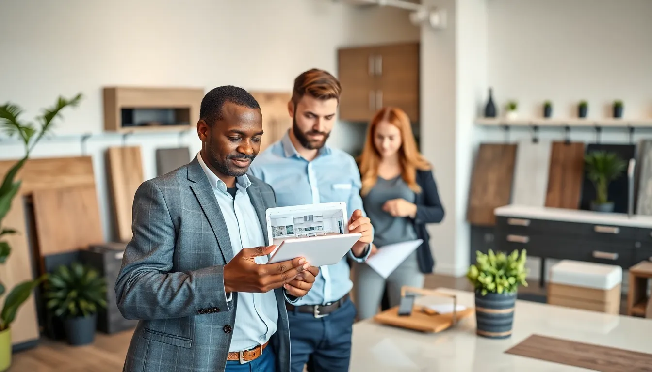 diverse home improvement sales team collaborating in a modern office.