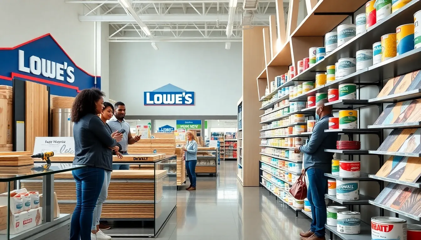 Lowe's store interior showcasing building materials, tools, and paint selections.