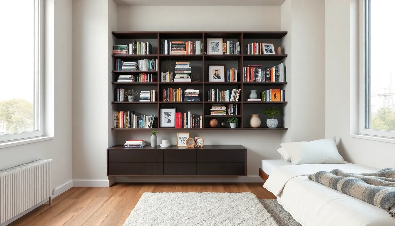 modern small bedroom with a stylish bookshelf and bright decor.