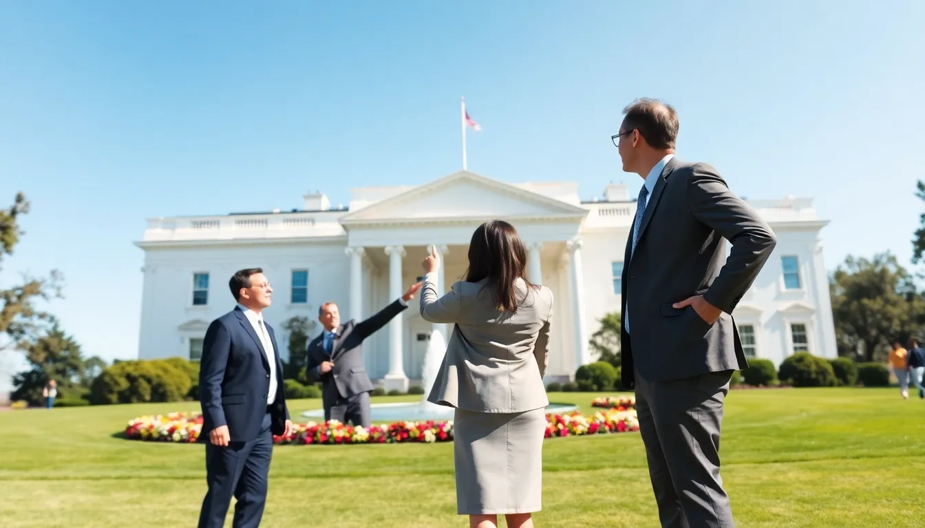 The White House with diverse professionals discussing its significance.