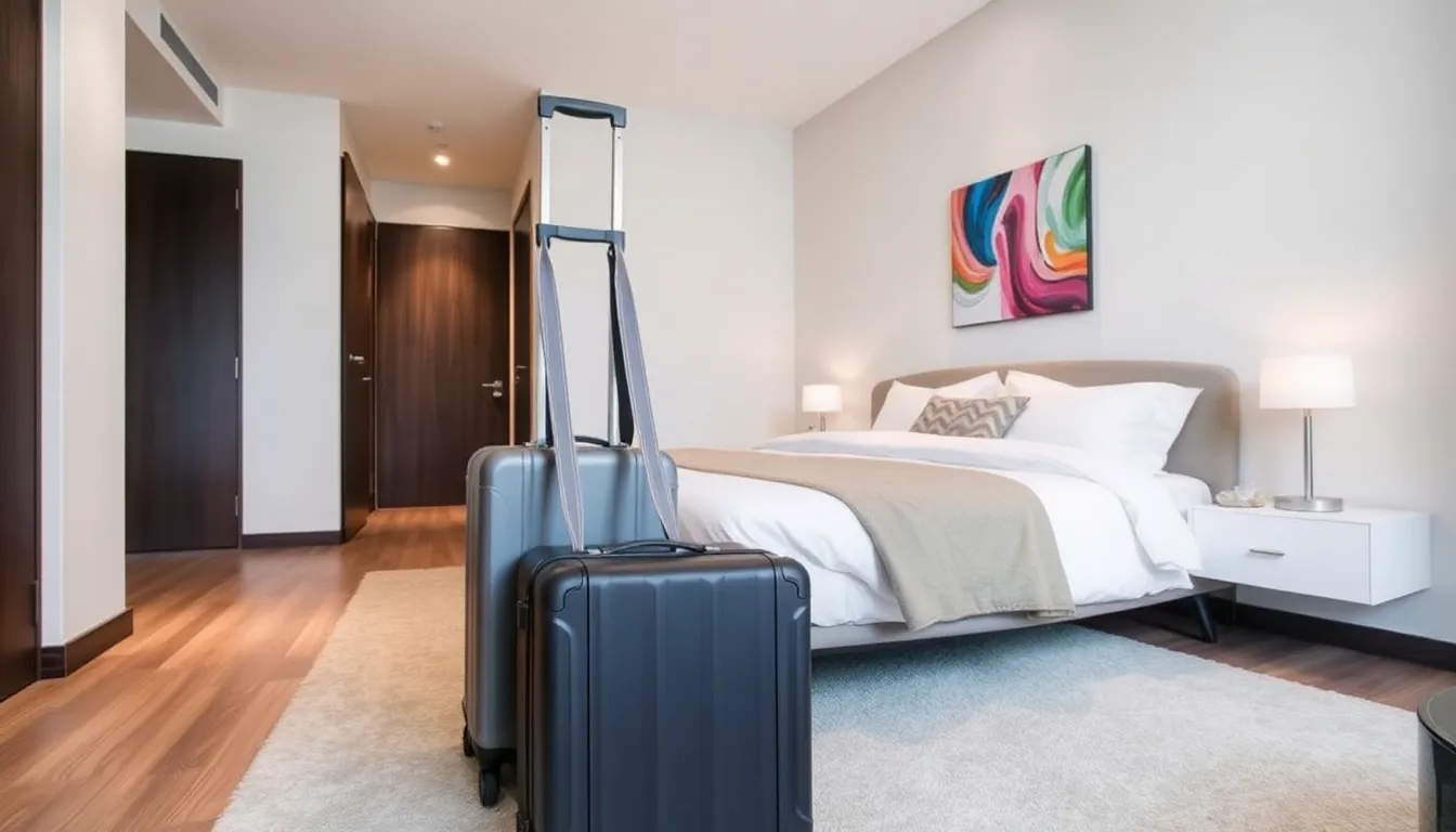 luggage rack holding a suitcase in a modern bedroom.