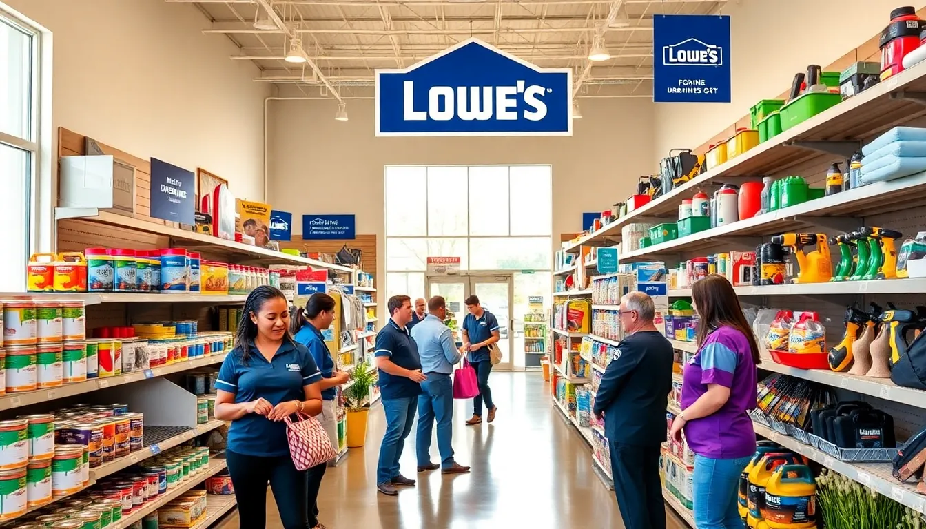 Lowe's Home Improvement staff assisting customers in a well-organized store.