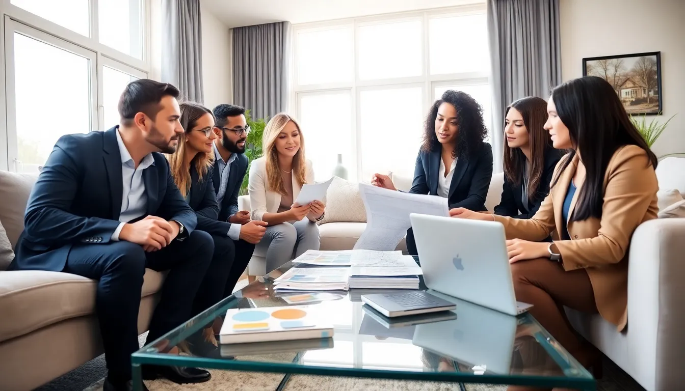 diverse team discussing home improvement loan options in a modern living room.