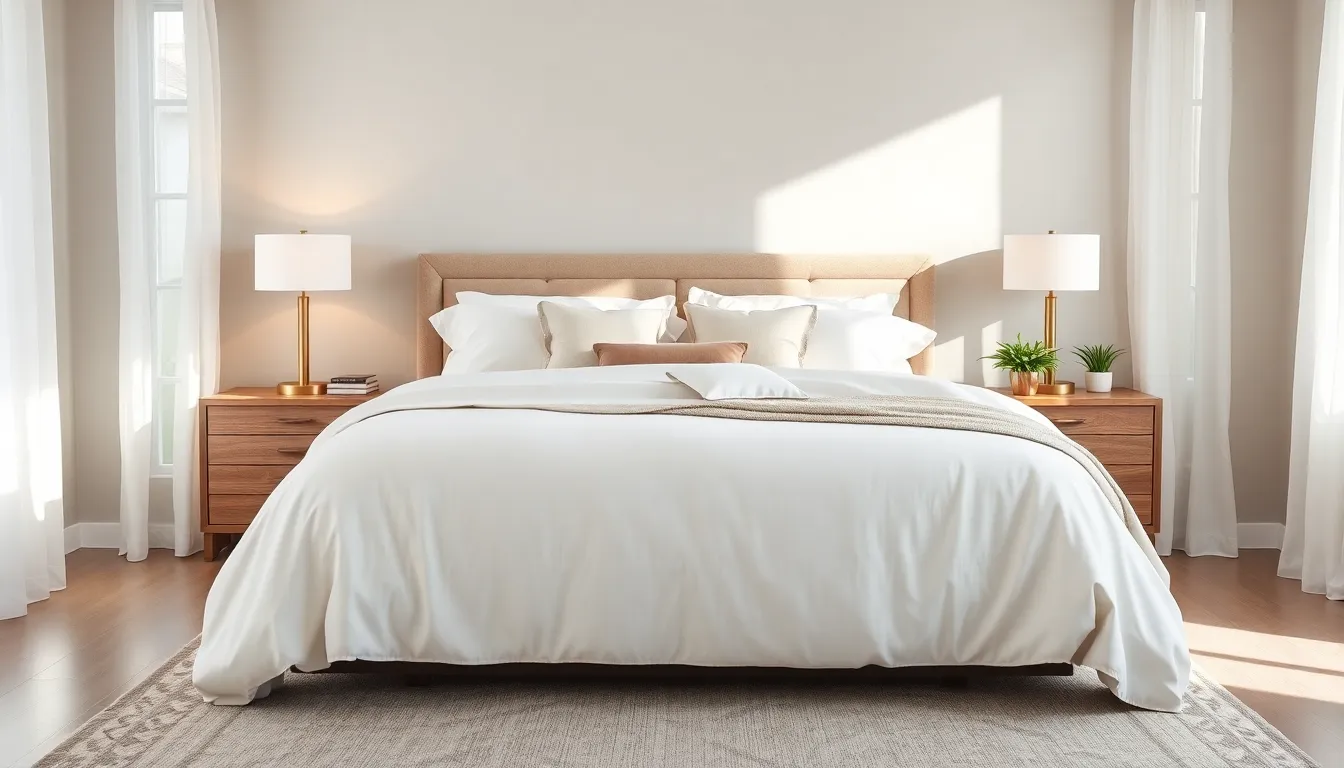 serene neutral bedroom with soft bedding and wooden furniture.